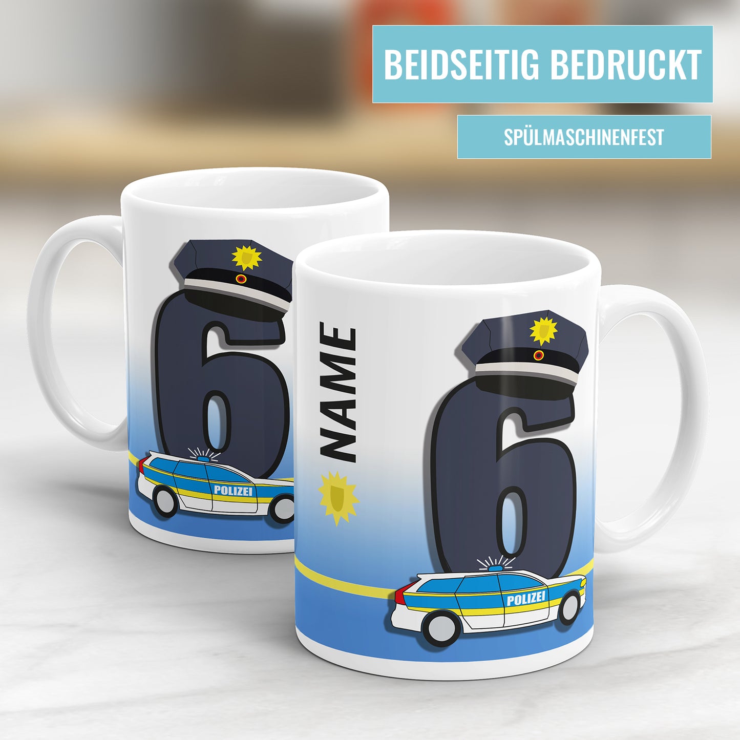 Ich bin 6 Polizeiwagen Mütze Polizei Polizist personalisiert mit Name Tasse 6. Geburtstag