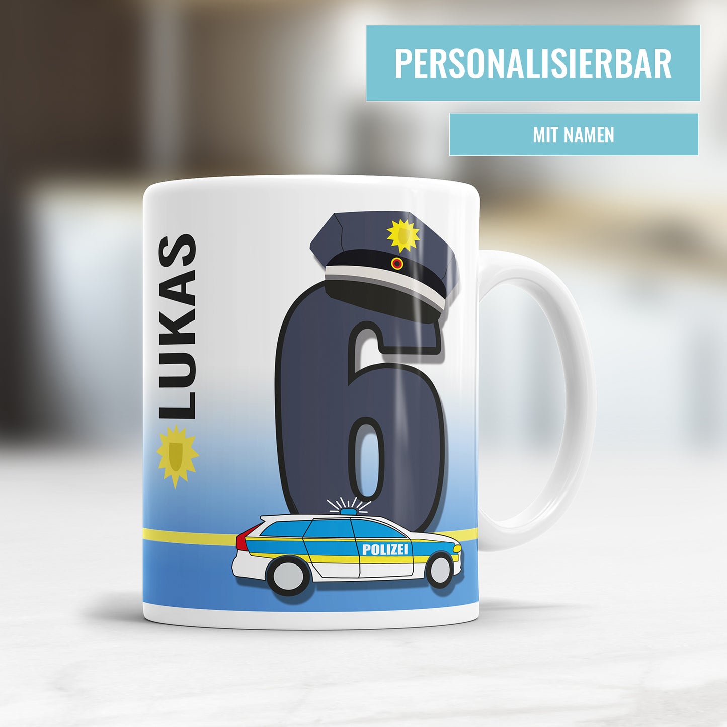 Ich bin 6 Polizeiwagen Mütze Polizei Polizist personalisiert mit Name Tasse 6. Geburtstag
