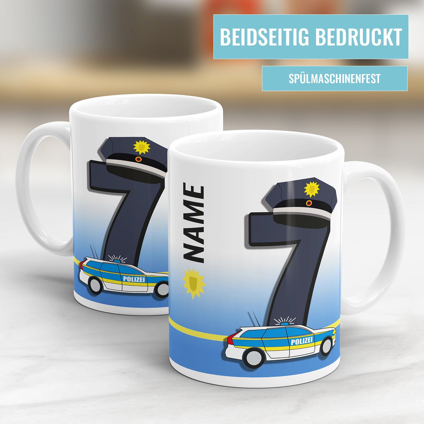 Ich bin 7 Polizeiwagen Mütze Polizei Polizist personalisiert mit Name Tasse 7. Geburtstag