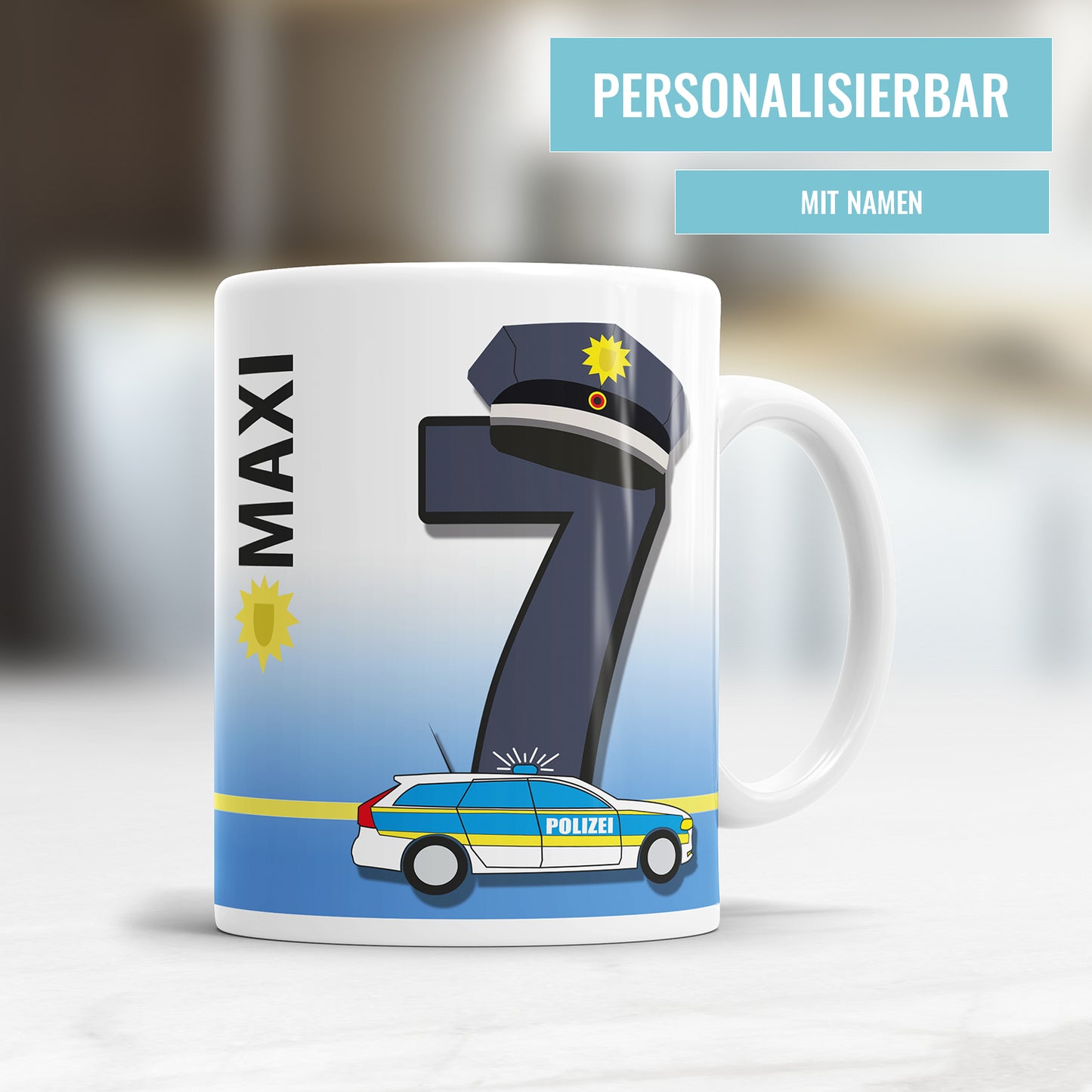 Ich bin 7 Polizeiwagen Mütze Polizei Polizist personalisiert mit Name Tasse 7. Geburtstag