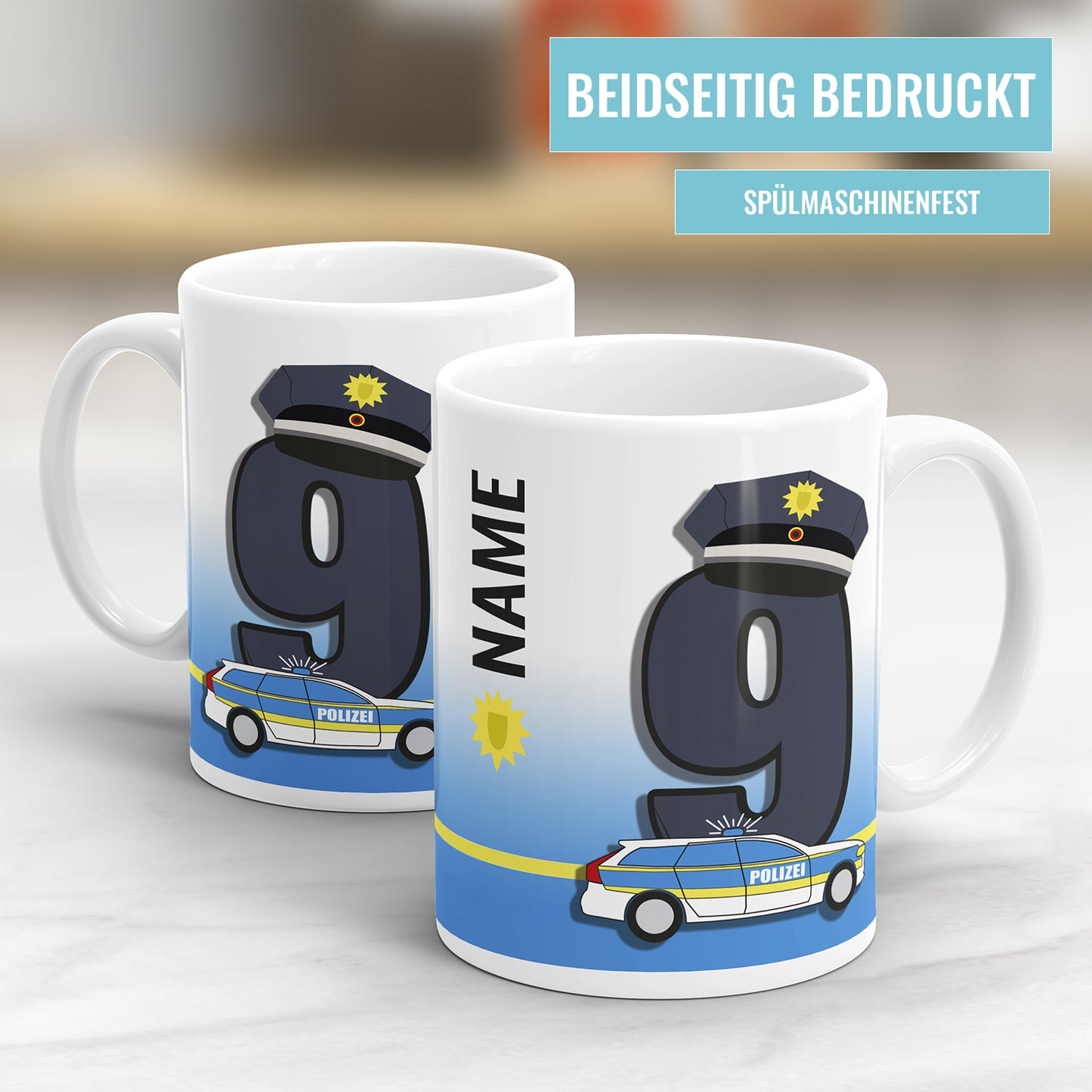 Ich bin 9 Polizeiwagen Mütze Polizei Polizist personalisiert mit Name Tasse 9. Geburtstag