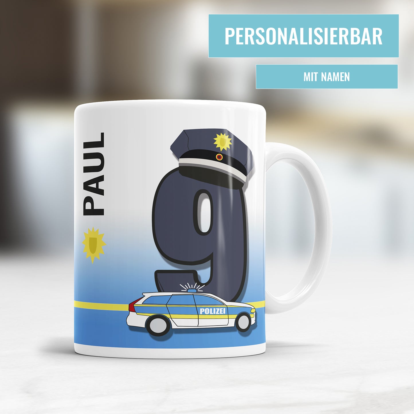 Ich bin 9 Polizeiwagen Mütze Polizei Polizist personalisiert mit Name Tasse 9. Geburtstag