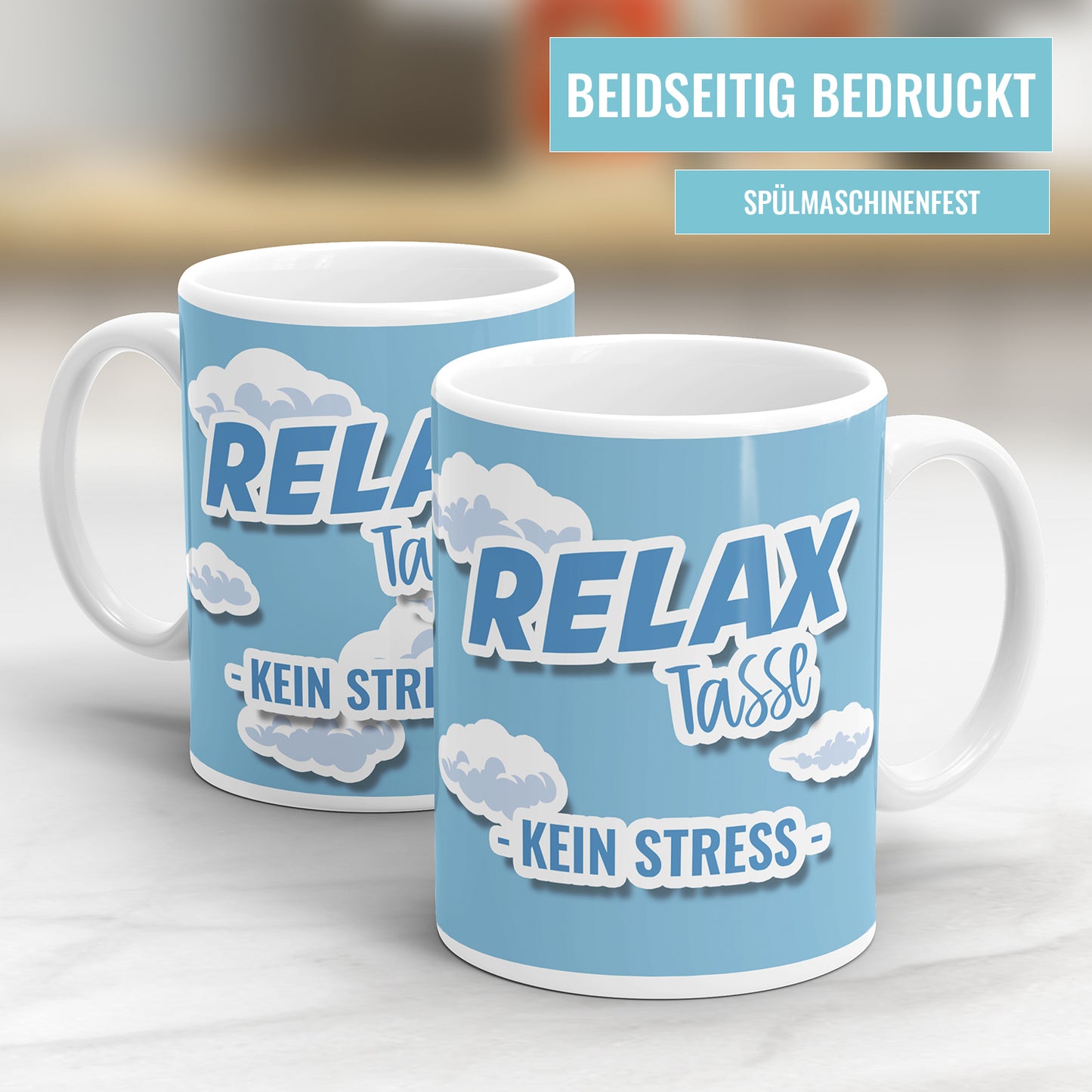 Relax Tasse kein Stress Anti Stress Tasse mit Wolken und blauen Himmel Fulima