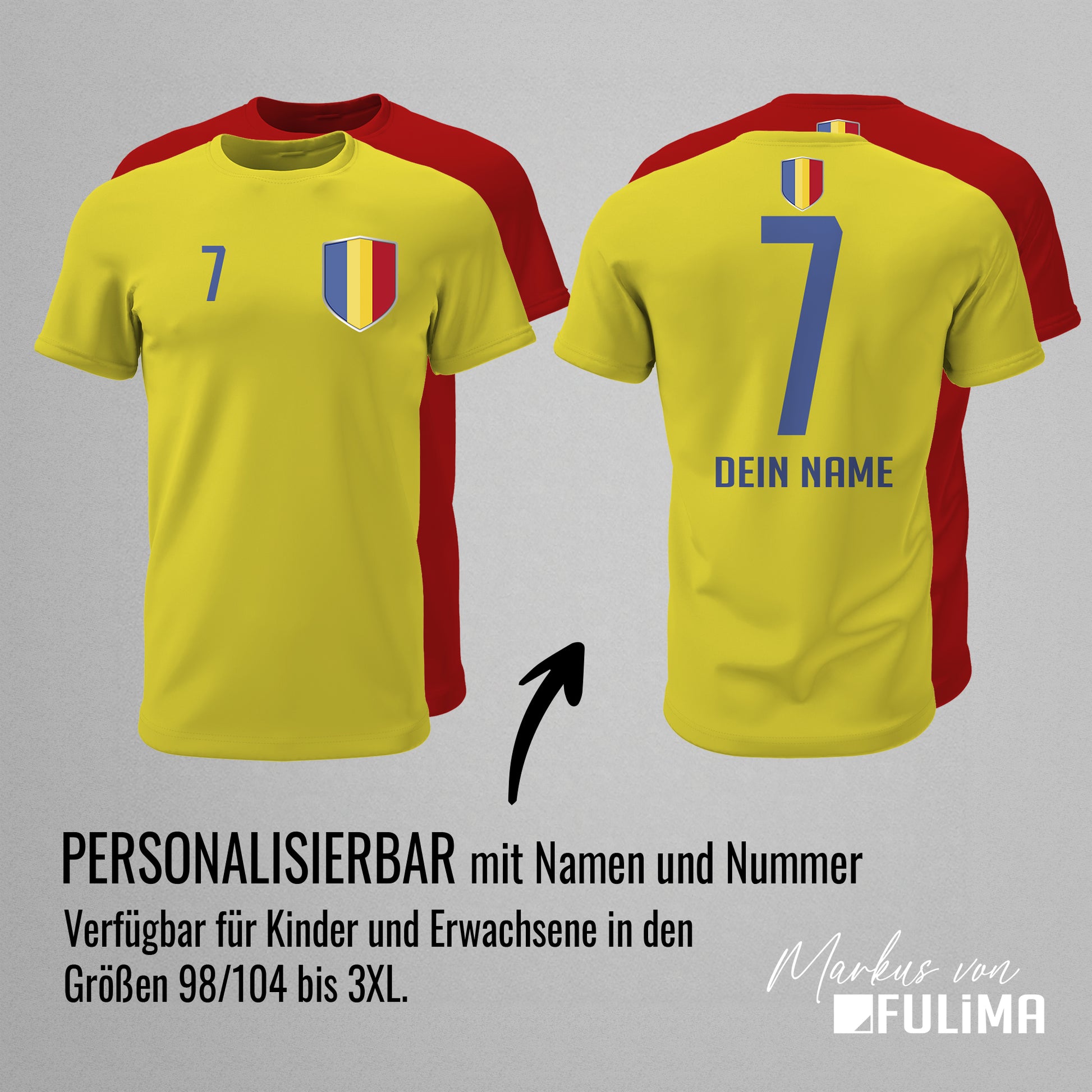 Rumänien Shirt mit Wappen und individueller Nummer & Name - FULiMA®