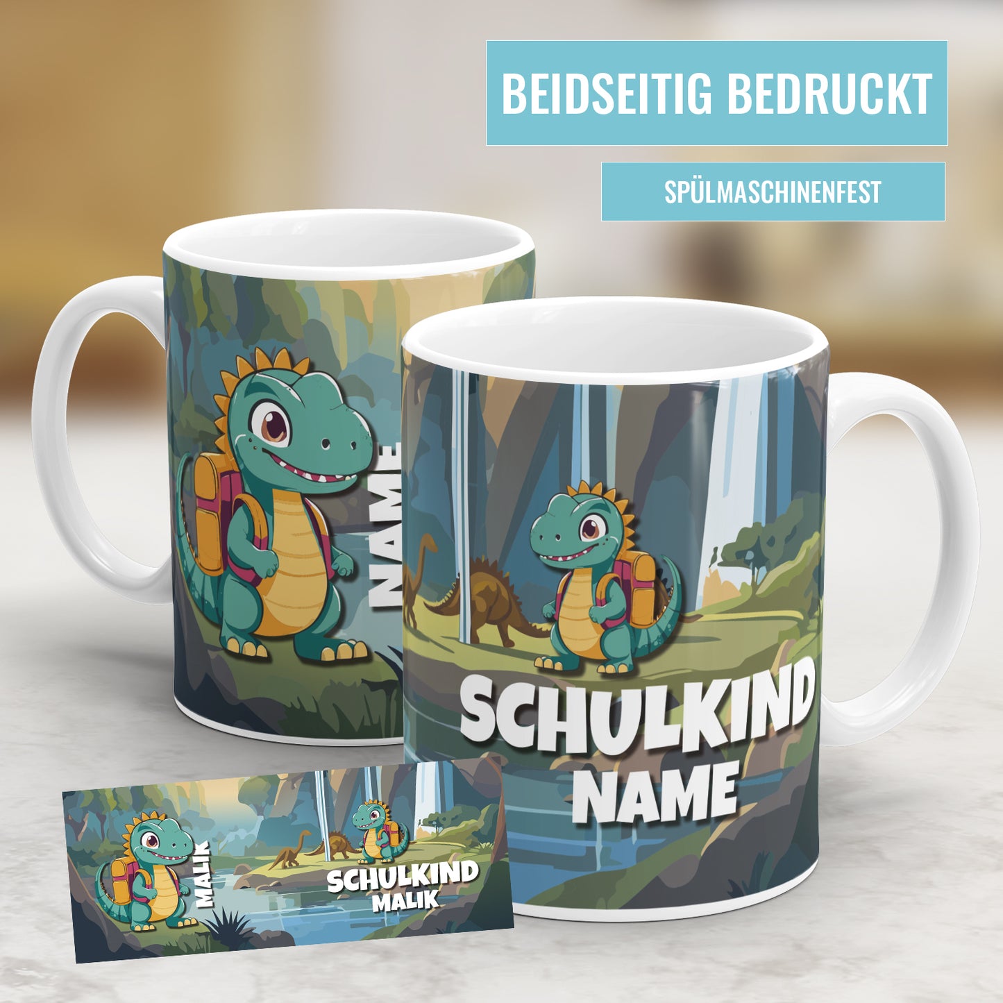 Schulkind Dinosaurier mit Ranzen personalisiert mit Namen - Kindertasse - Fulima