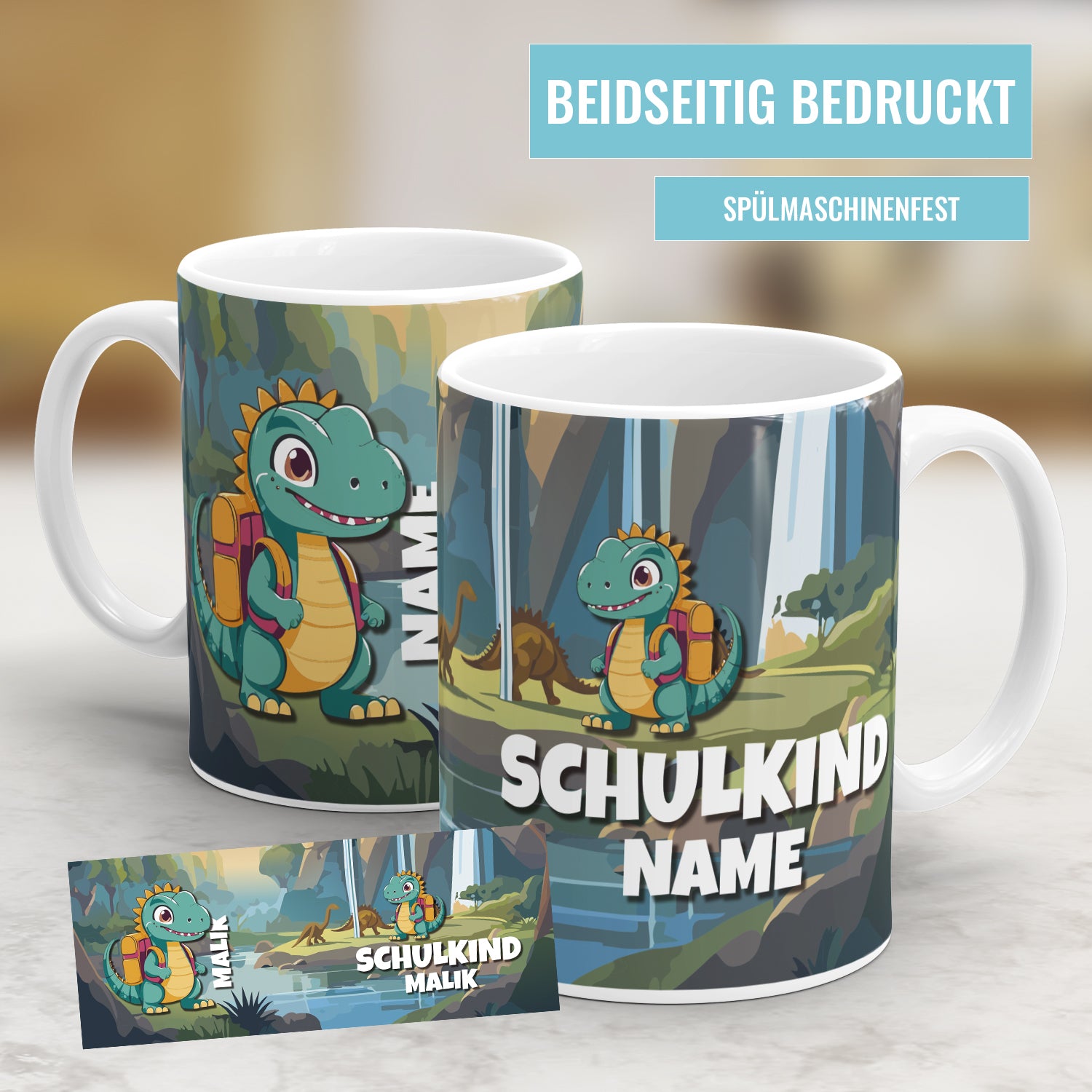 Schulkind Dinosaurier mit Ranzen personalisiert mit Namen - Kindertasse - Fulima