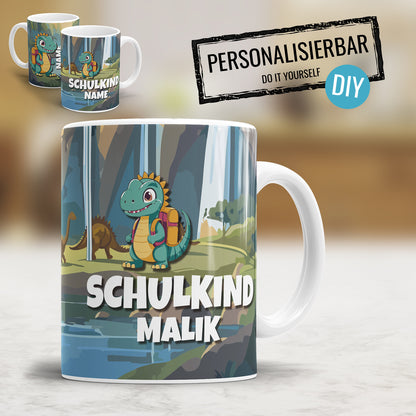 Schulkind Dinosaurier mit Ranzen personalisiert mit Namen - Kindertasse - Fulima