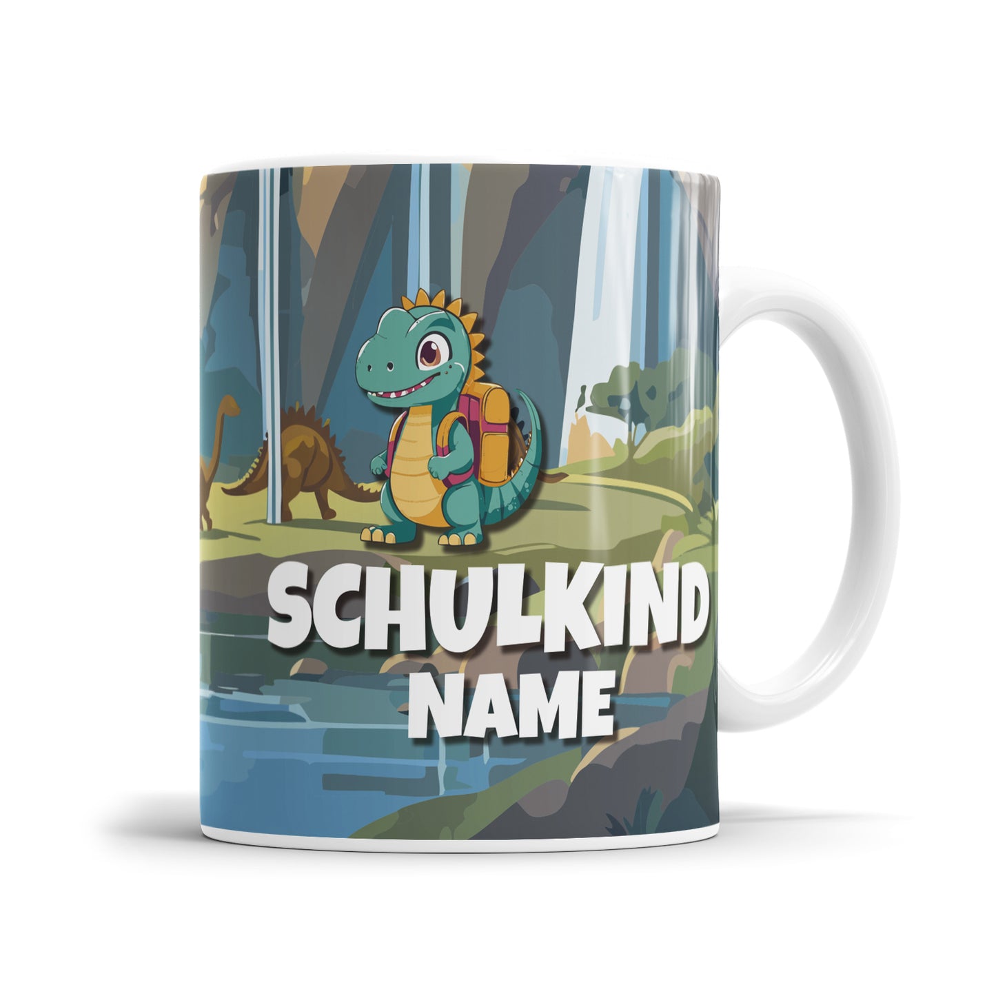 Schulkind Dinosaurier mit Ranzen personalisiert mit Namen - Kindertasse - Fulima