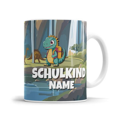 Schulkind Dinosaurier mit Ranzen personalisiert mit Namen - Kindertasse - Fulima