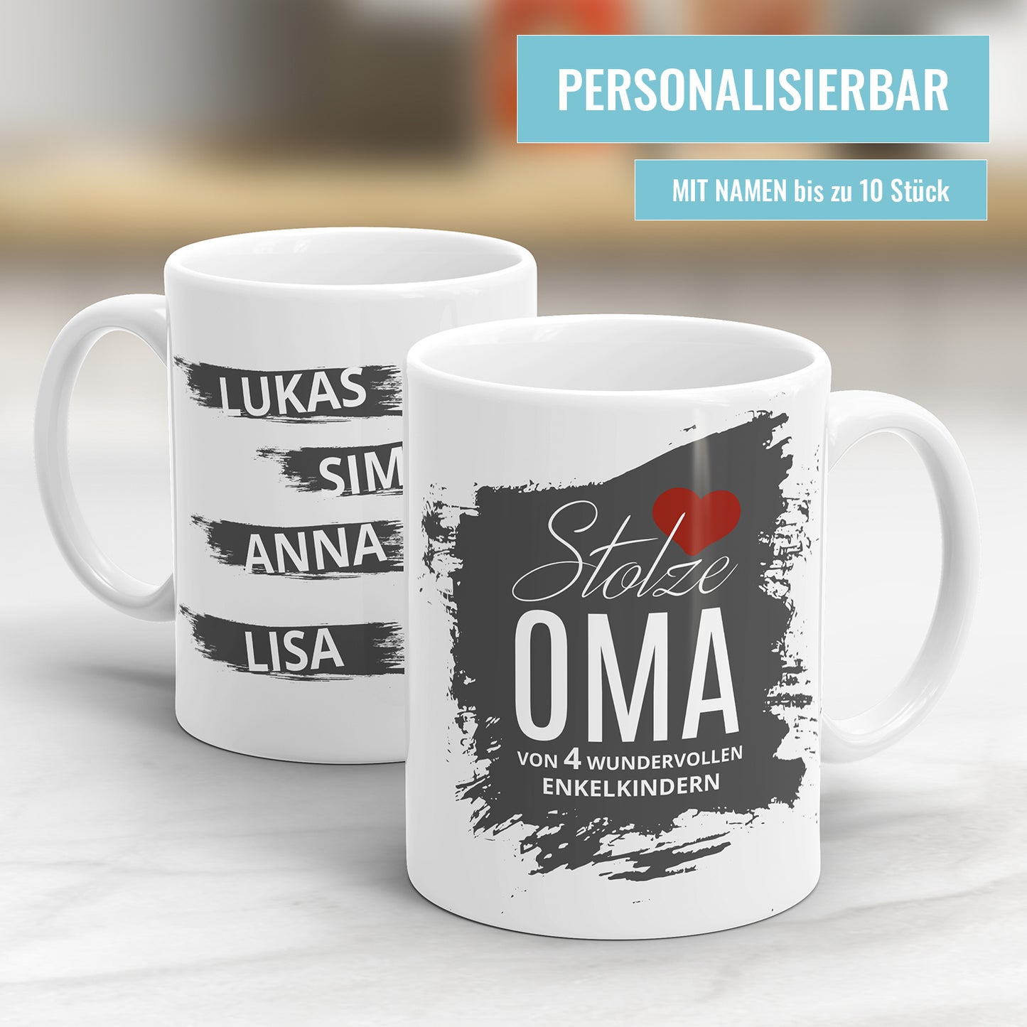 Stolze Oma von Enkelkindern Herz mit bis zu 10 Namen Oma Tasse