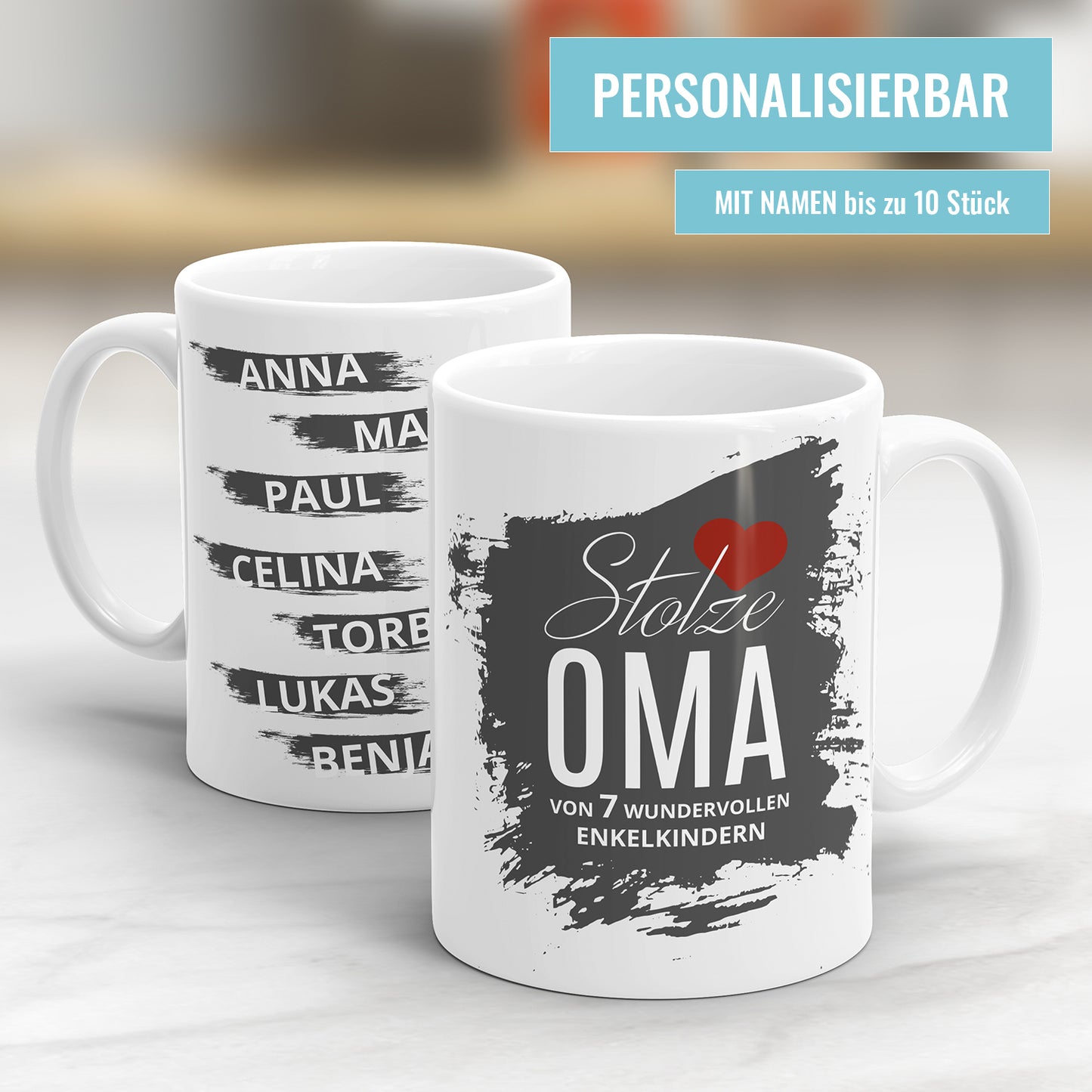 Stolze Oma von Enkelkindern Herz mit bis zu 10 Namen Oma Tasse