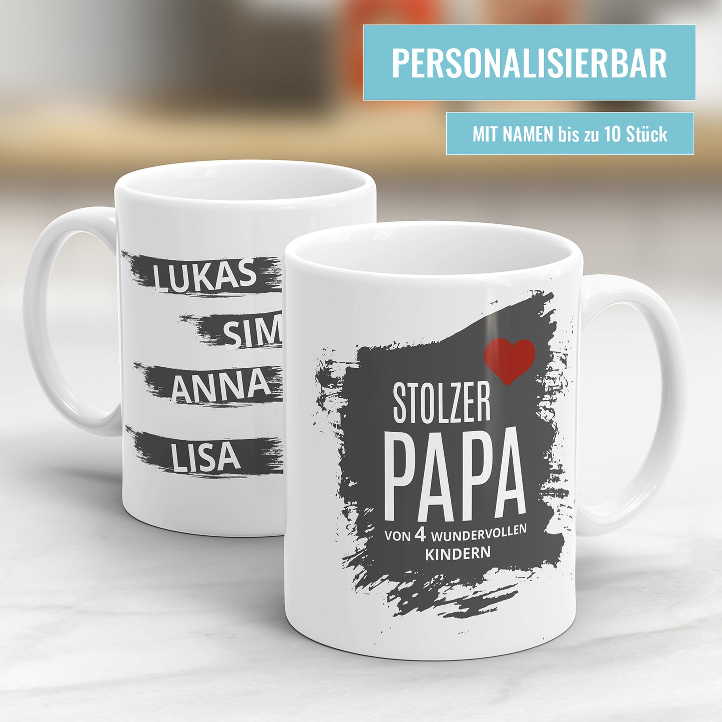 Stolzer Papa von Kindern Herz mit bis zu 10 Namen Papa Tasse