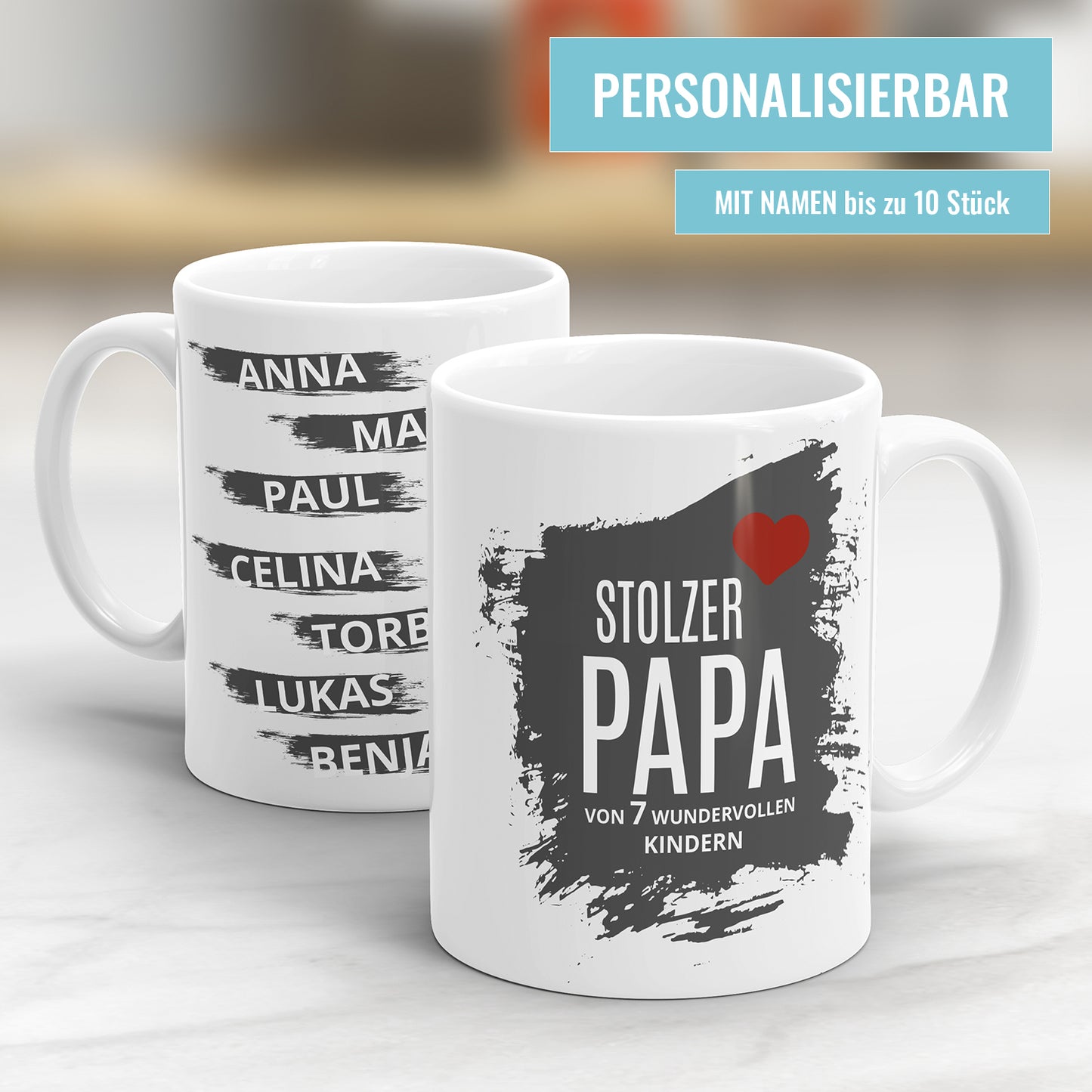 Stolzer Papa von Kindern Herz mit bis zu 10 Namen Papa Tasse