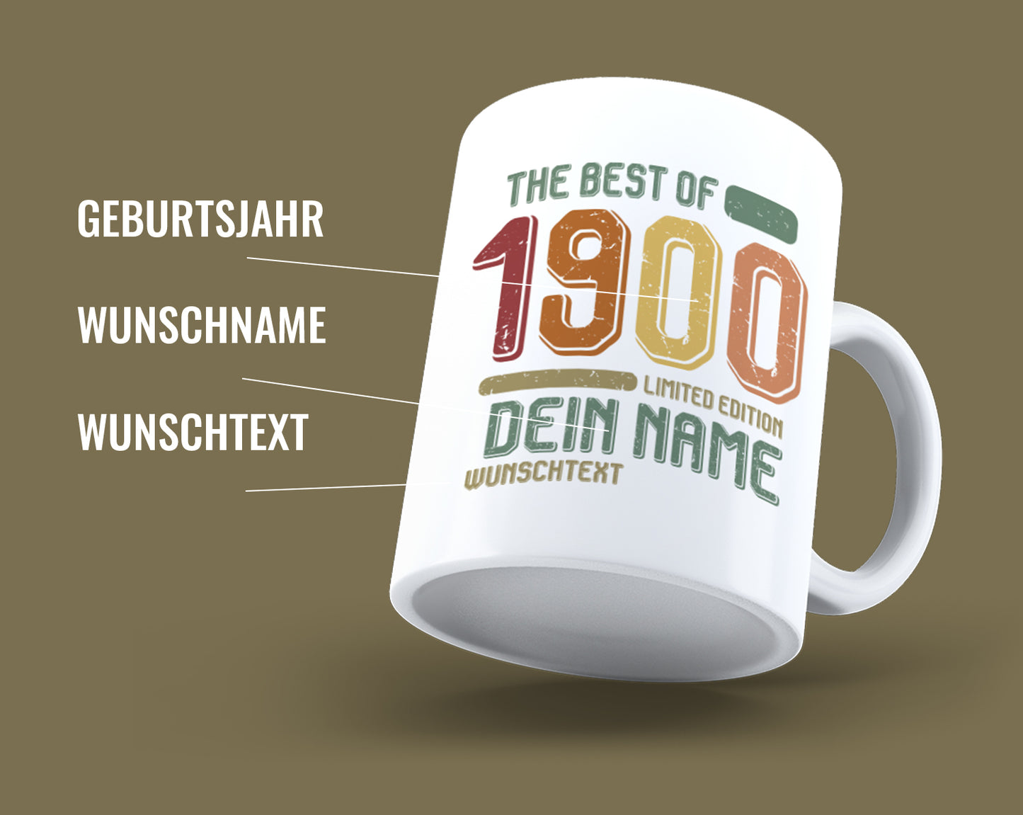 Kaffeetasse zum Geburtstag: The best of 19?? Dein Jahr Limited Edition Vintage personalisiert mit Name und einen Wunschtext. Tragen Sie einfach bitte das Jahr ein, den Namen und ein Wunschtext und wir erstellen ihr ganz persönliches Geschenk.