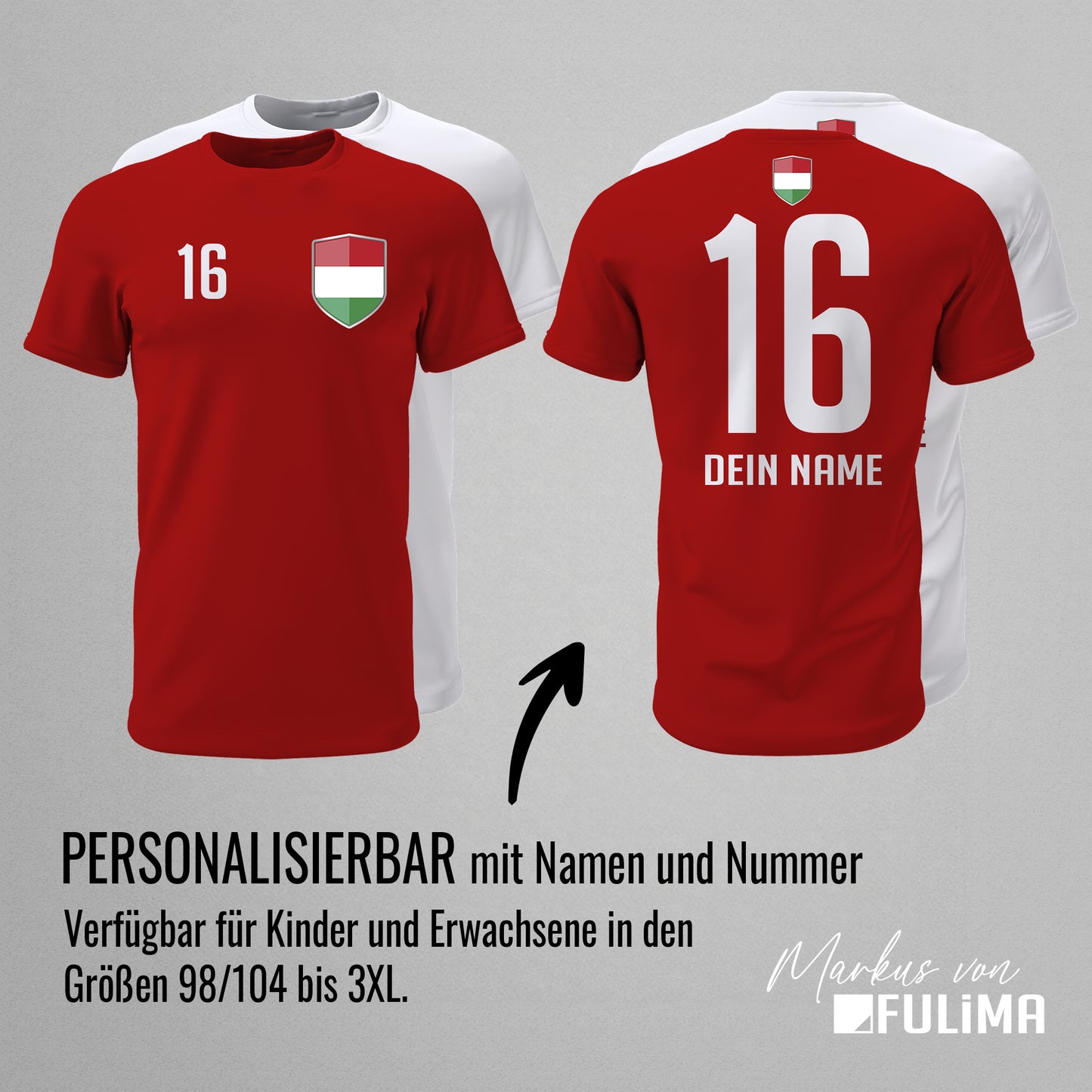 Ungarn Shirt mit Wappen und individueller Nummer & Name - FULiMA®