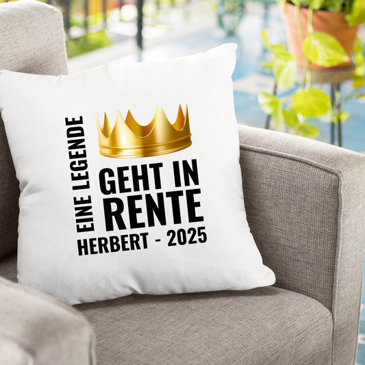 Ruhestand Kissen - Eine Legende geht in Rente - Goldene Krone mit Namen - Geschenk zur Rente - Fulima