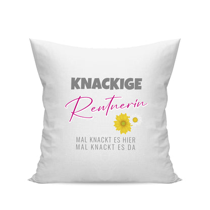 Ruhestand Kissen - Knackige Rentnerin mal knackt es hier mal da - Spruch - Geschenk zur Rente Weiß - Fulima