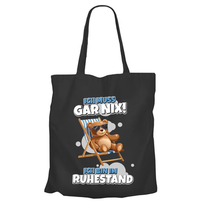 Jutebeutel Renter - Ich muss gar nix - Teddy im Liegestuhl - Rente Geschenk Schwarz - Fulima