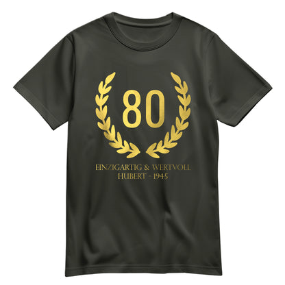 80 Jahre Lorbeerkranz Einzigartig und Wertvoll mit Namen - Geburtstag Shirt Khaki - FULiMA®
