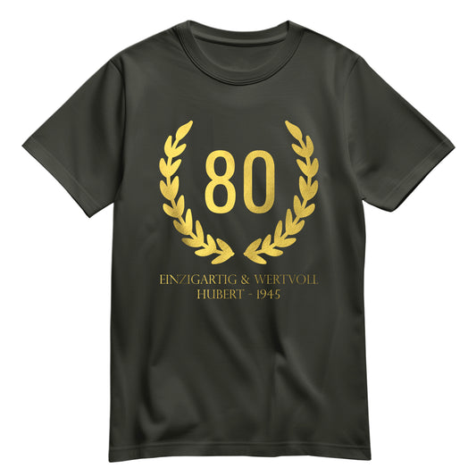 80 Jahre Lorbeerkranz Einzigartig und Wertvoll mit Namen - Geburtstag Shirt Khaki - FULiMA®