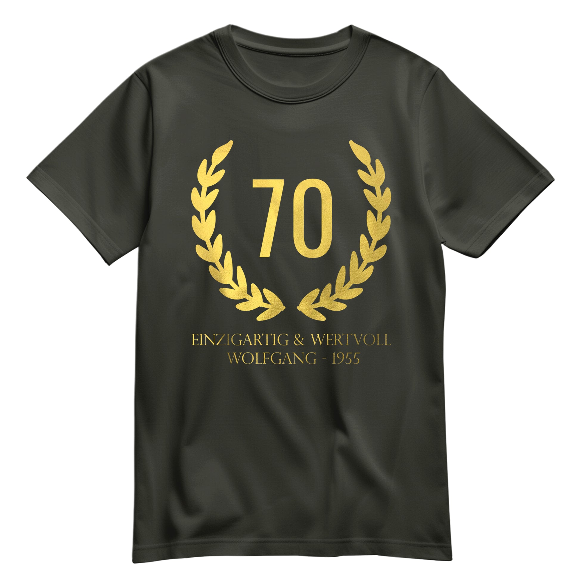 70 Jahre Lorbeerkranz Einzigartig und Wertvoll mit Namen - Geburtstag Shirt Khaki - FULiMA®