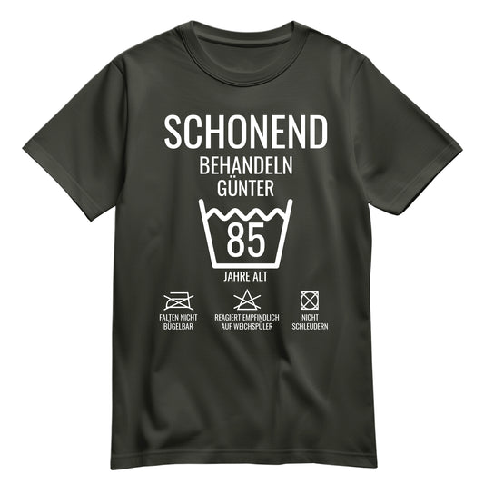 Schonend behandeln – 85 Jahre alt - Geburtstagshirt mit Namen Khaki - FULiMA®