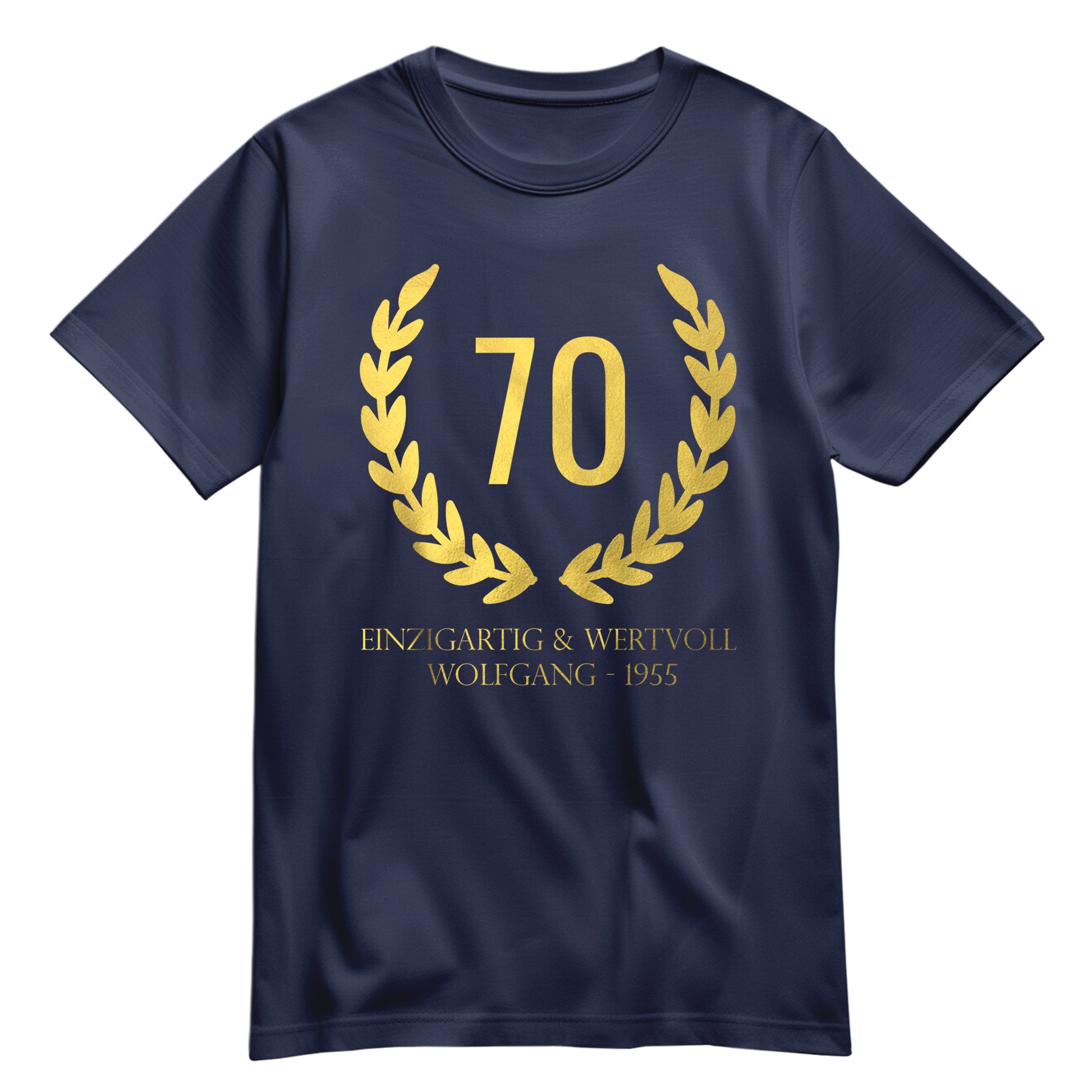 70 Jahre Lorbeerkranz Einzigartig und Wertvoll mit Namen - Geburtstag Shirt Navy - FULiMA®