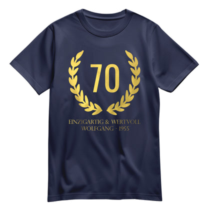70 Jahre Lorbeerkranz Einzigartig und Wertvoll mit Namen - Geburtstag Shirt Navy - FULiMA®
